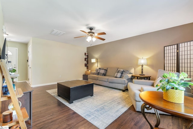 9 Hollow Tree Way, Greenville, SC 29605 - living room with dark wood-style flooring, a ceiling fan, and baseboards