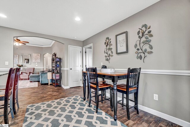 105 Devonfield Dr, Greer, SC 29651 - dining space with arched walkways, wood finished floors, recessed lighting, baseboards, and a ceiling fan