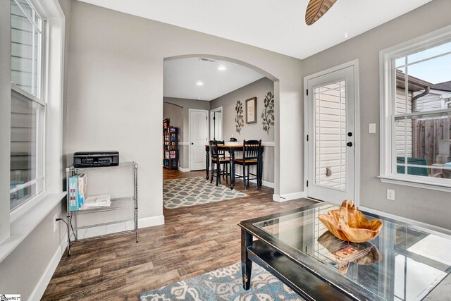 105 Devonfield Dr, Greer, SC 29651 - living room featuring arched walkways, wood finished floors, baseboards, a ceiling fan, and recessed lighting
