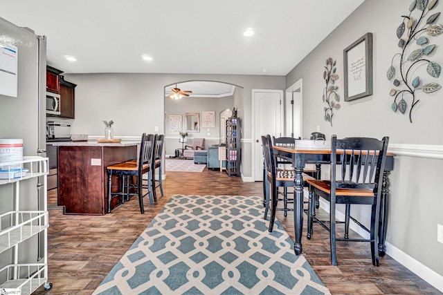 105 Devonfield Dr, Greer, SC 29651 - dining space featuring arched walkways, dark wood finished floors, recessed lighting, baseboards, and ceiling fan