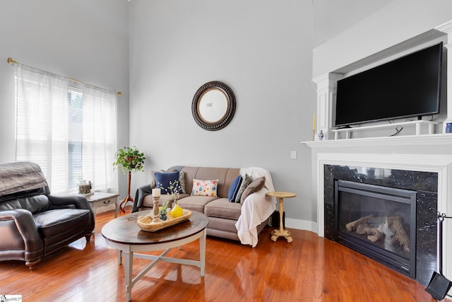 103 Circle Grove Ct, Greer, SC 29650 - living area with a high end fireplace, wood finished floors, baseboards, and a towering ceiling