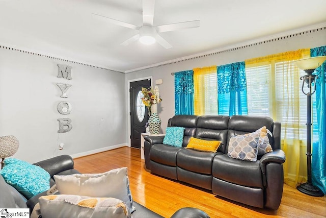 3 Creighton Ct, Taylors, SC 29687 - living room with ceiling fan, wood finished floors, and baseboards