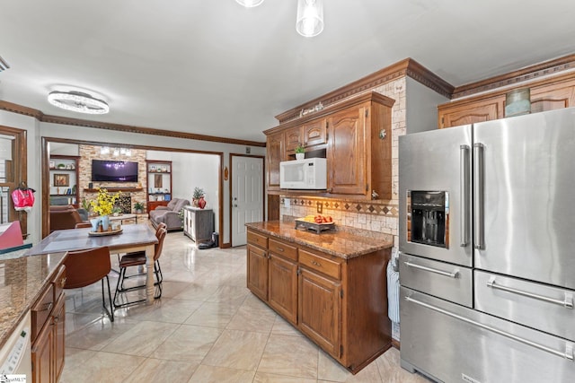 208 Forrester Creek Way, Greenville, SC 29607 - kitchen featuring white appliances, crown molding, stone counters, decorative backsplash, and brown cabinets