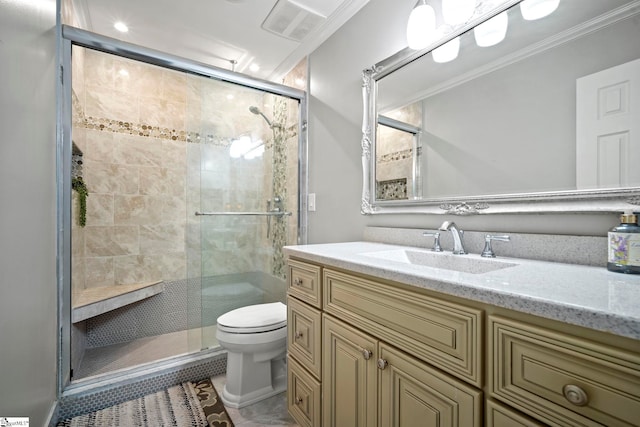 208 Forrester Creek Way, Greenville, SC 29607 - bathroom with toilet, a stall shower, vanity, crown molding, and tile patterned flooring
