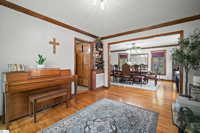 208 Forrester Creek Way, Greenville, SC 29607 - living room with light wood finished floors, crown molding, a chandelier, a textured ceiling, and baseboards