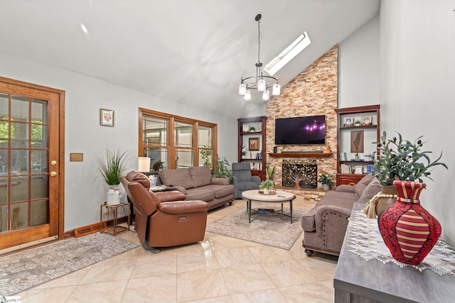 208 Forrester Creek Way, Greenville, SC 29607 - living area with a skylight, a fireplace, high vaulted ceiling, and a chandelier