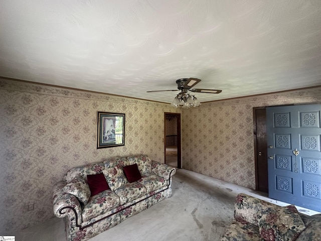 148 Southland Ave, Boiling Springs, SC 29316 - unfurnished living room with ceiling fan, wallpapered walls, and ornamental molding