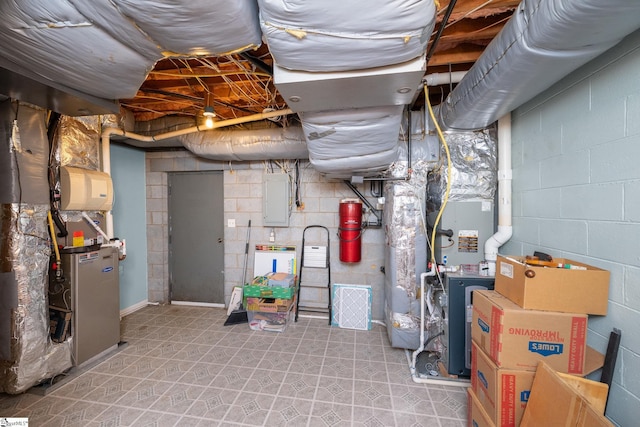 223 Covington Rd, Greenville, SC 29617 - unfinished below grade area with electric panel, a central vacuum unit, light flooring, concrete block wall, and heating unit