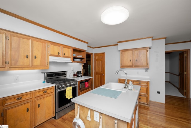 223 Covington Rd, Greenville, SC 29617 - kitchen with gas range, a sink, under cabinet range hood, light wood finished floors, and light countertops