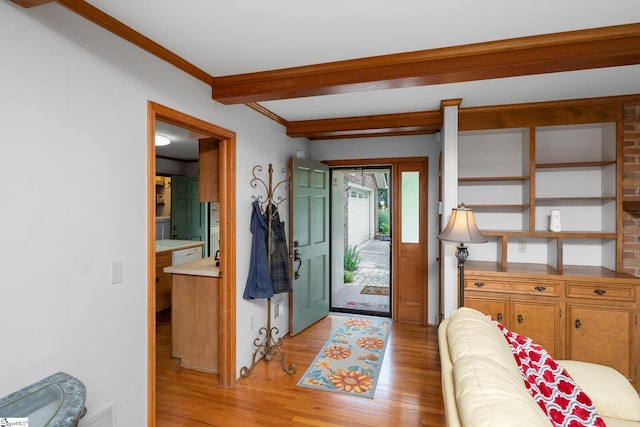 223 Covington Rd, Greenville, SC 29617 - foyer with light wood-style flooring, beamed ceiling, and ornamental molding