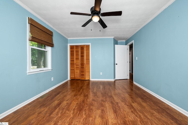 110 Sycamore Dr, Mauldin, SC 29662 - unfurnished bedroom featuring wood finished floors, a closet, crown molding, baseboards, and ceiling fan