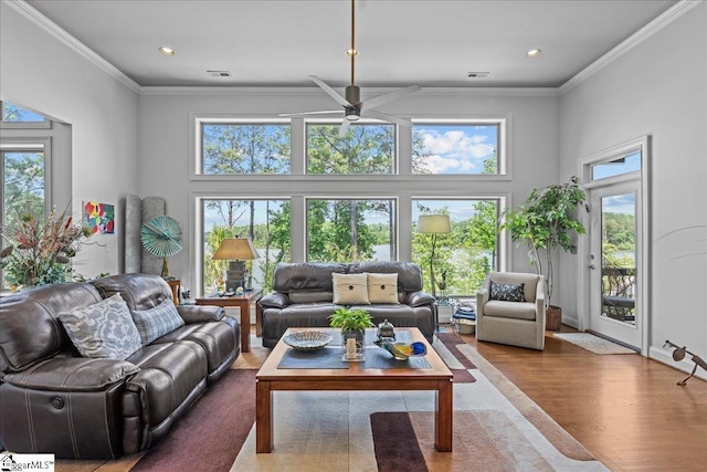 135 Neal Pointe Dr, Chesnee, SC 29323 - living area featuring plenty of natural light, a ceiling fan, ornamental molding, wood finished floors, and a high ceiling
