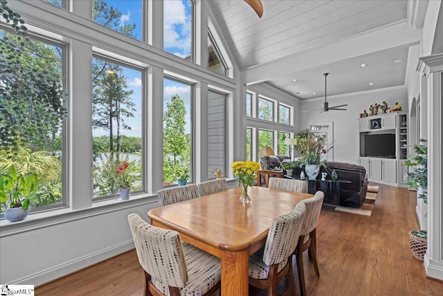 135 Neal Pointe Dr, Chesnee, SC 29323 - dining room featuring a ceiling fan, wood finished floors, a high ceiling, and recessed lighting
