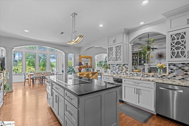 135 Neal Pointe Dr, Chesnee, SC 29323 - kitchen with dishwasher, ornate columns, black electric stovetop, a sink, and crown molding