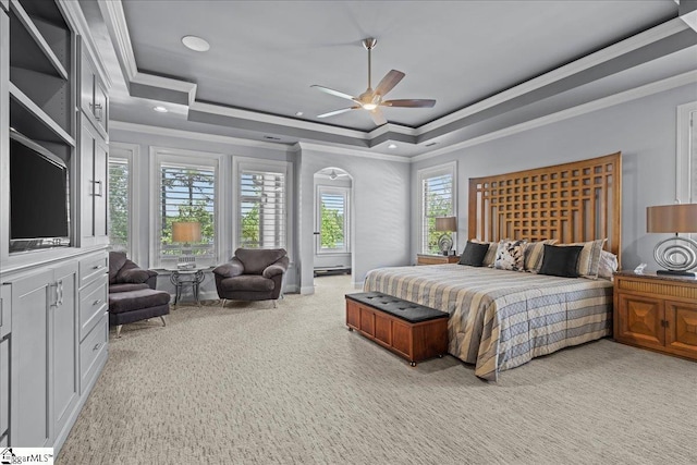 135 Neal Pointe Dr, Chesnee, SC 29323 - bedroom with a raised ceiling, crown molding, light carpet, recessed lighting, and arched walkways