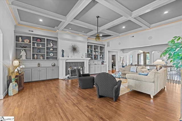 135 Neal Pointe Dr, Chesnee, SC 29323 - living room with a fireplace, wood finished floors, ornamental molding, beam ceiling, and coffered ceiling