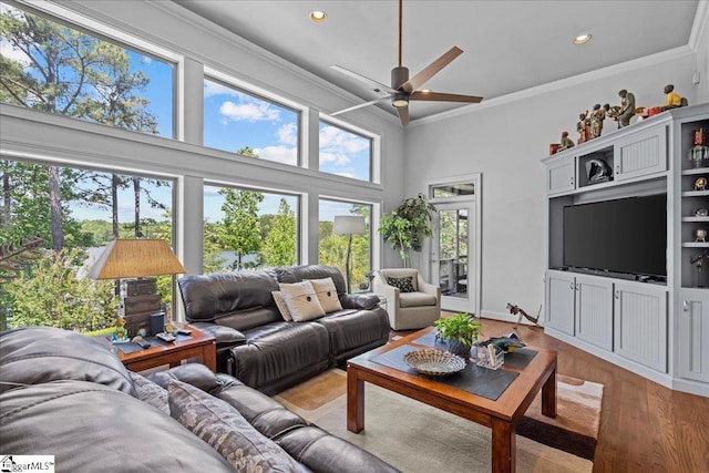 135 Neal Pointe Dr, Chesnee, SC 29323 - living area with a ceiling fan, crown molding, light wood-style flooring, recessed lighting, and a high ceiling