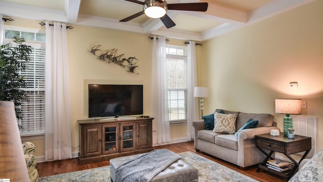 225 Highgrove Ct, Simpsonville, SC 29681 - living area with coffered ceiling, ceiling fan, wood finished floors, beam ceiling, and baseboards