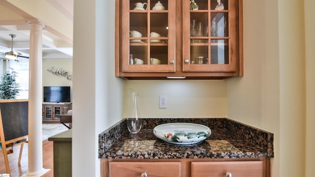 225 Highgrove Ct, Simpsonville, SC 29681 - bar with coffered ceiling, ornate columns, and beamed ceiling