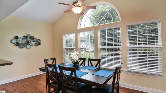 225 Highgrove Ct, Simpsonville, SC 29681 - dining room featuring ceiling fan, vaulted ceiling, baseboards, and wood finished floors