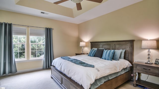 225 Highgrove Ct, Simpsonville, SC 29681 - bedroom with light carpet, a raised ceiling, baseboards, and a ceiling fan