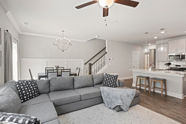 7 Grey Oak Trl, Greer, SC 29650 - living room with a chandelier, stairway, dark wood-type flooring, recessed lighting, and ceiling fan