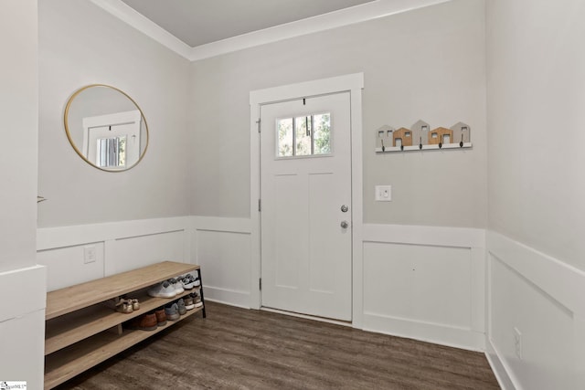 7 Grey Oak Trl, Greer, SC 29650 - entrance foyer with wainscoting, dark wood-style floors, a decorative wall, and ornamental molding