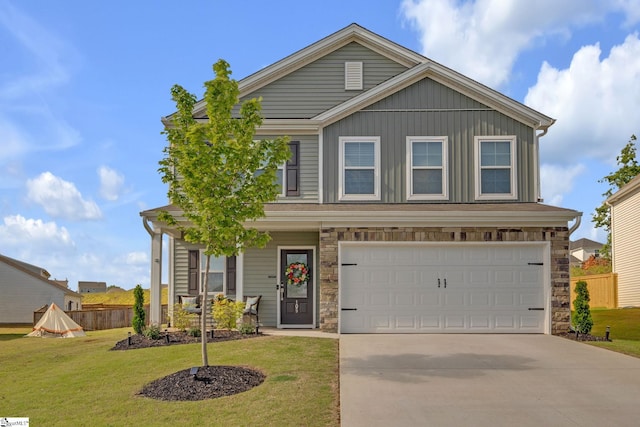 105 Ella B Ln, Easley, SC 29640 - traditional-style home with stone siding, driveway, board and batten siding, a garage, and a porch