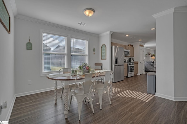 105 Ella B Ln, Easley, SC 29640 - dining room featuring baseboards, dark wood-style floors, recessed lighting, and crown molding
