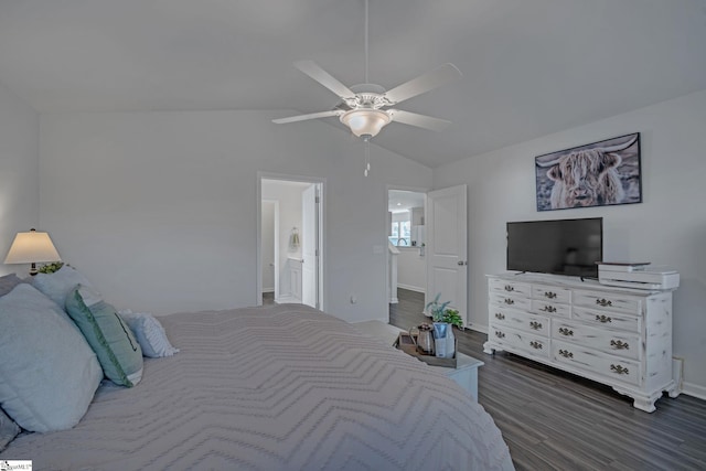 105 Ella B Ln, Easley, SC 29640 - bedroom featuring dark wood finished floors, lofted ceiling, baseboards, a ceiling fan, and ensuite bathroom