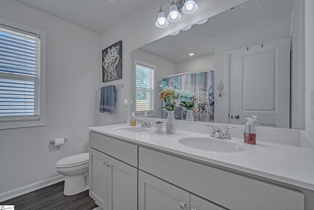105 Ella B Ln, Easley, SC 29640 - bathroom featuring double vanity, toilet, baseboards, wood finished floors, and a shower with shower curtain