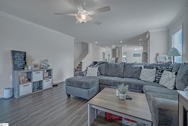 105 Ella B Ln, Easley, SC 29640 - living room with stairs, wood finished floors, ceiling fan, ornamental molding, and baseboards