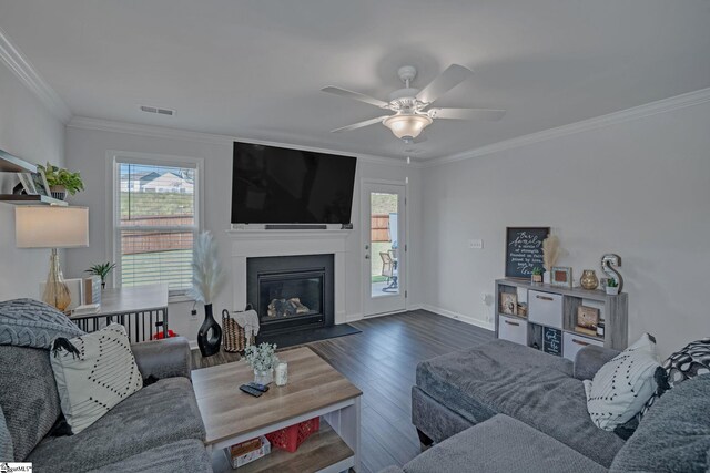 105 Ella B Ln, Easley, SC 29640 - living area featuring wood finished floors, ornamental molding, a fireplace with flush hearth, ceiling fan, and baseboards