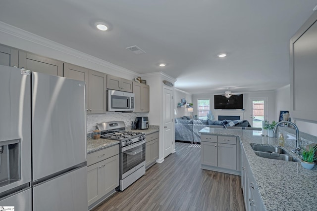 105 Ella B Ln, Easley, SC 29640 - kitchen featuring appliances with stainless steel finishes, a sink, ornamental molding, gray cabinets, and wood finished floors