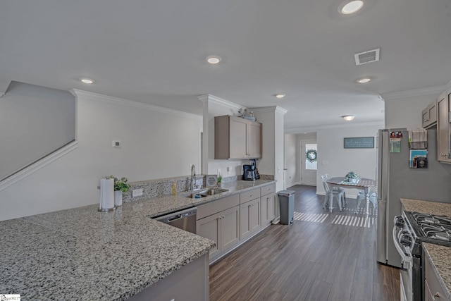 105 Ella B Ln, Easley, SC 29640 - kitchen featuring a sink, ornamental molding, appliances with stainless steel finishes, light stone countertops, and recessed lighting