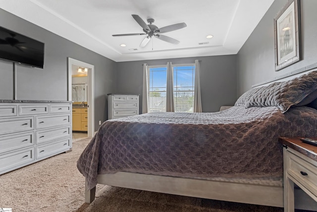 10 Croydon Way, Greenville, SC 29609 - bedroom featuring light carpet, a raised ceiling, recessed lighting, ceiling fan, and ensuite bathroom