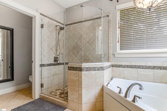 10 Croydon Way, Greenville, SC 29609 - full bathroom featuring toilet, a bath, a stall shower, tile patterned floors, and baseboards