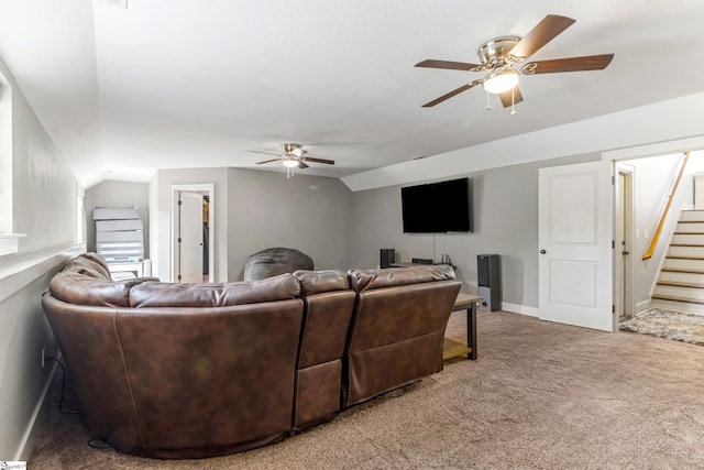 10 Croydon Way, Greenville, SC 29609 - living room with a ceiling fan, lofted ceiling, carpet floors, stairs, and baseboards