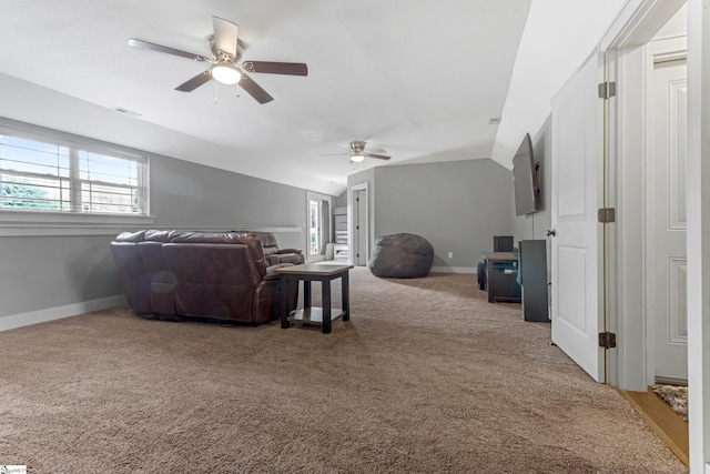 10 Croydon Way, Greenville, SC 29609 - carpeted living area featuring a ceiling fan, plenty of natural light, lofted ceiling, and baseboards