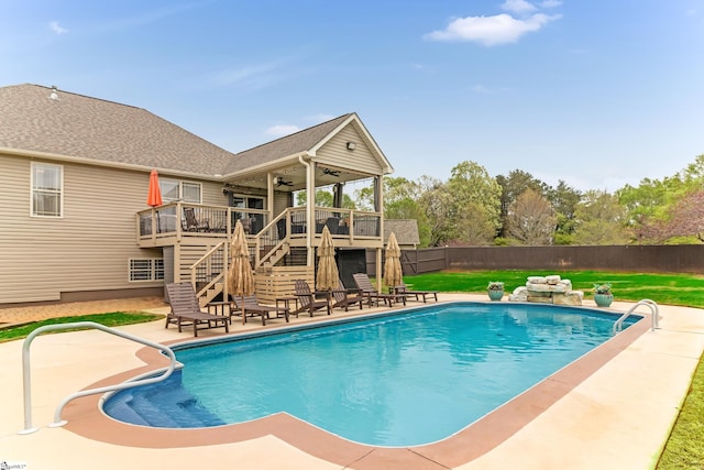 10 Croydon Way, Greenville, SC 29609 - view of pool with stairway, a ceiling fan, a patio area, and a wooden deck