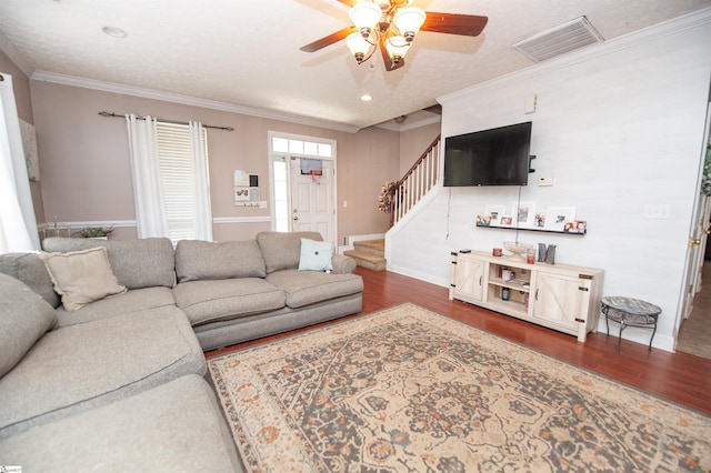 770 Grace Valley Rd, Inman, SC 29349 - living area with wood finished floors, stairs, a ceiling fan, crown molding, and baseboards
