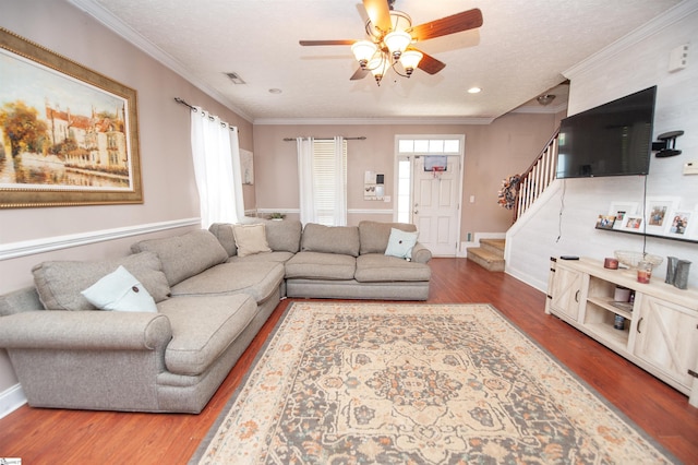 770 Grace Valley Rd, Inman, SC 29349 - living area with stairway, wood finished floors, a ceiling fan, ornamental molding, and baseboards