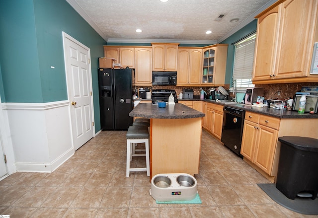 770 Grace Valley Rd, Inman, SC 29349 - kitchen featuring black appliances, backsplash, glass insert cabinets, dark countertops, and crown molding