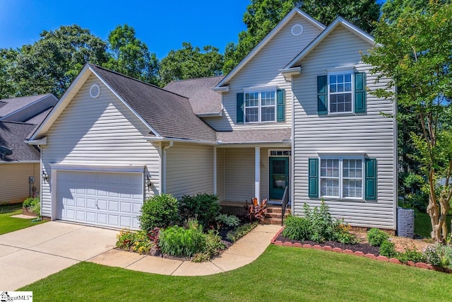122 N Orchard Farms Ave, Simpsonville, SC 29681 - traditional-style home with a garage, concrete driveway, a front lawn, a porch, and a shingled roof