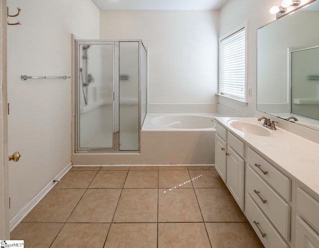 122 N Orchard Farms Ave, Simpsonville, SC 29681 - full bathroom featuring vanity, a stall shower, a garden tub, and tile patterned floors