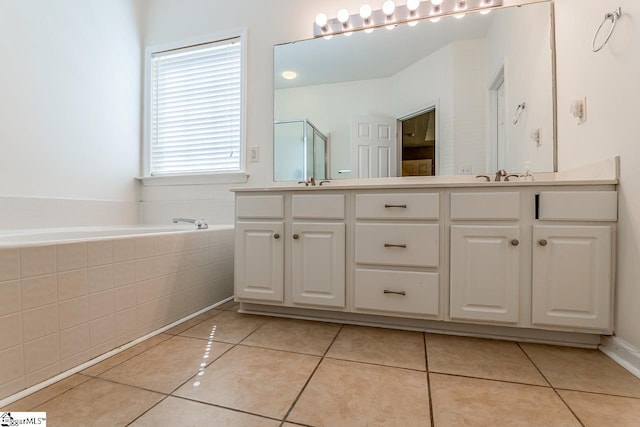 122 N Orchard Farms Ave, Simpsonville, SC 29681 - bathroom with tile patterned flooring, double vanity, a garden tub, and a shower with door