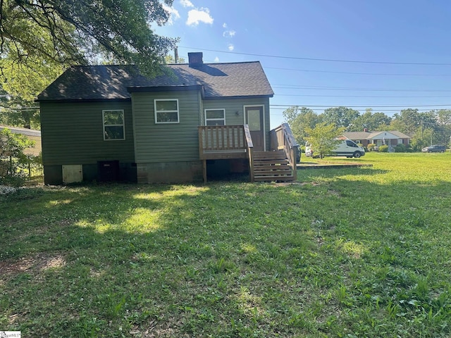 121 Pacolet Hwy, Gaffney, SC 29340 - rear view of property with a deck, a chimney, a lawn, crawl space, and stairway