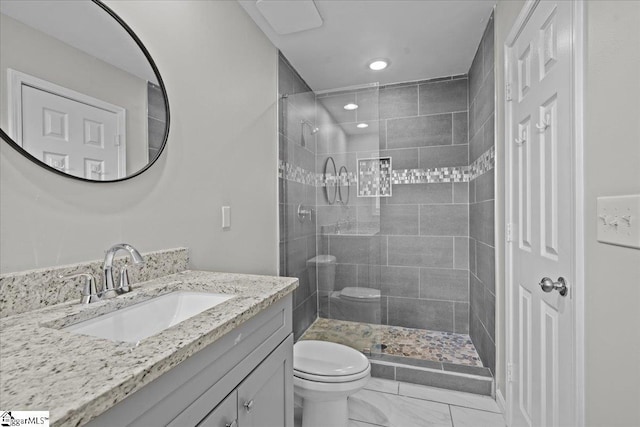 514 Habersham Ln, Easley, SC 29642 - bathroom featuring toilet, vanity, tiled shower, recessed lighting, and marble look tile flooring