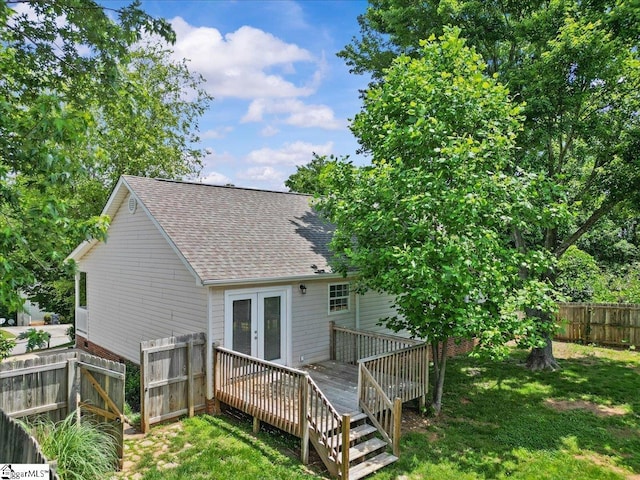 514 Habersham Ln, Easley, SC 29642 - back of house featuring a shingled roof, french doors, and a wooden deck