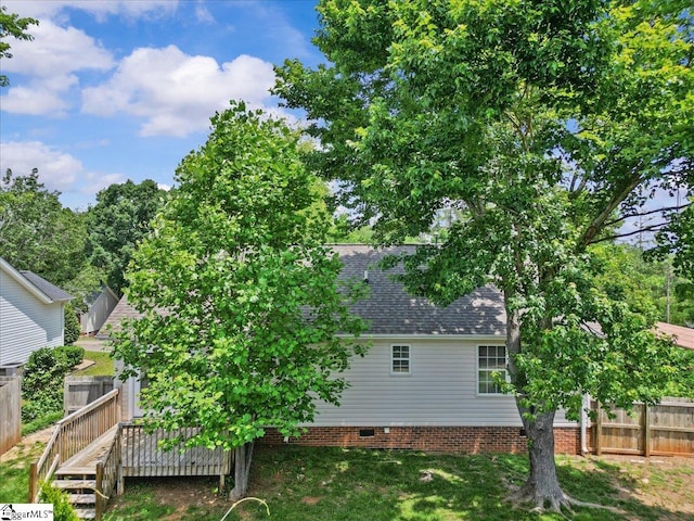 514 Habersham Ln, Easley, SC 29642 - rear view of property featuring a wooden deck, roof with shingles, and crawl space